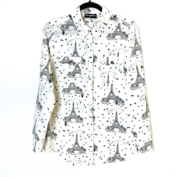 Karl Lagerfeld Tops - Karl Lagerfeld Blouse Small White Eiffel Tower Paris Button Up Long Sleeve NWOT
